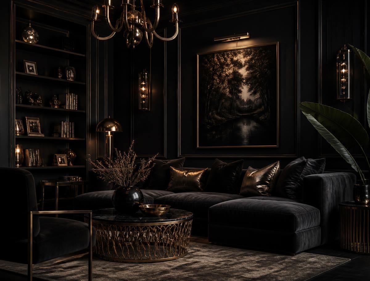 Dark luxury living room with brass accents designed by Designett